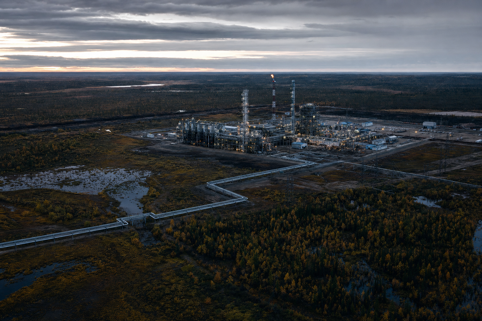 Промышленный объект нефтегазового месторождения на фоне северной тундры